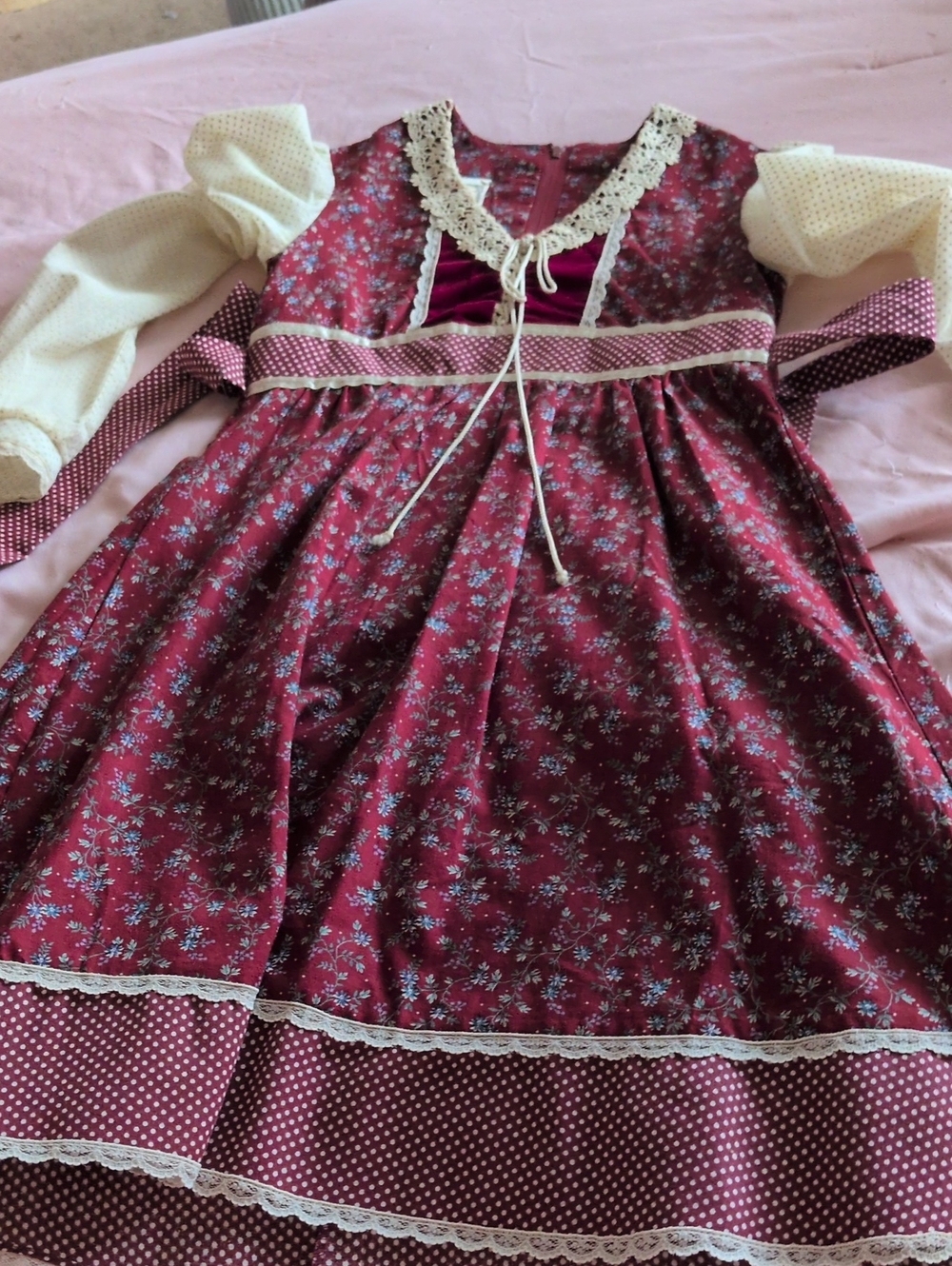 Gunne Sax Jessica McClintock Burgundy Floral Prairie Dress with Cream Accents